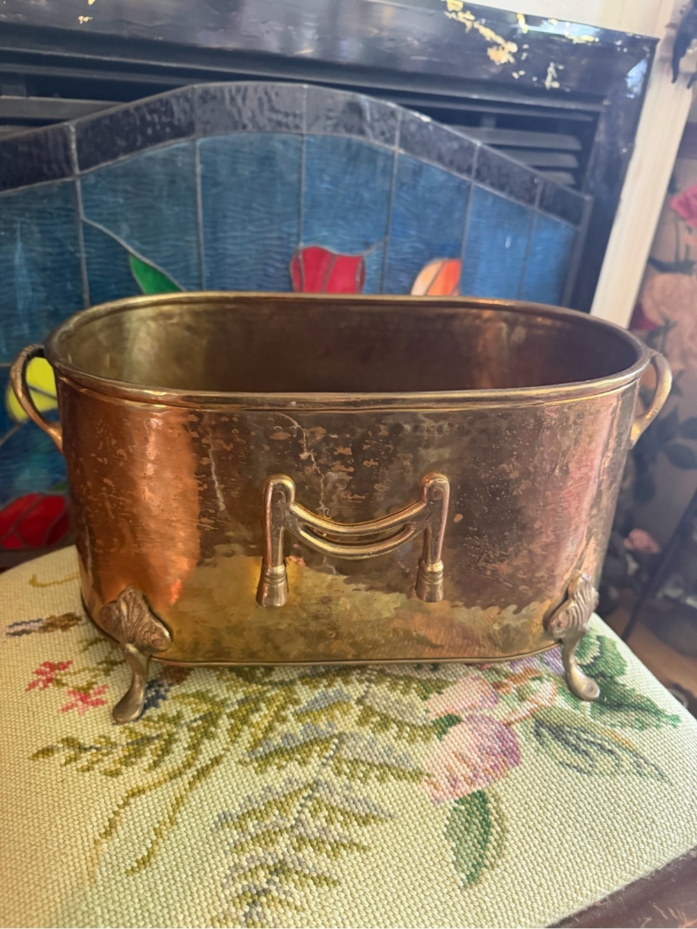 Antique Copper Planter Jardinière: Victorian Style with Ornate Brass Feet